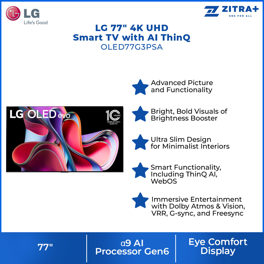 LG 77" 4K UHD Smart TV with AI ThinQ OLED77G3PSA | OLED Motion | webOS 23 | Bluetooth 5.0 | AI Picture Pro | Dolby Vision | Sound Mode Share | Smart TV with 2 Year Warranty