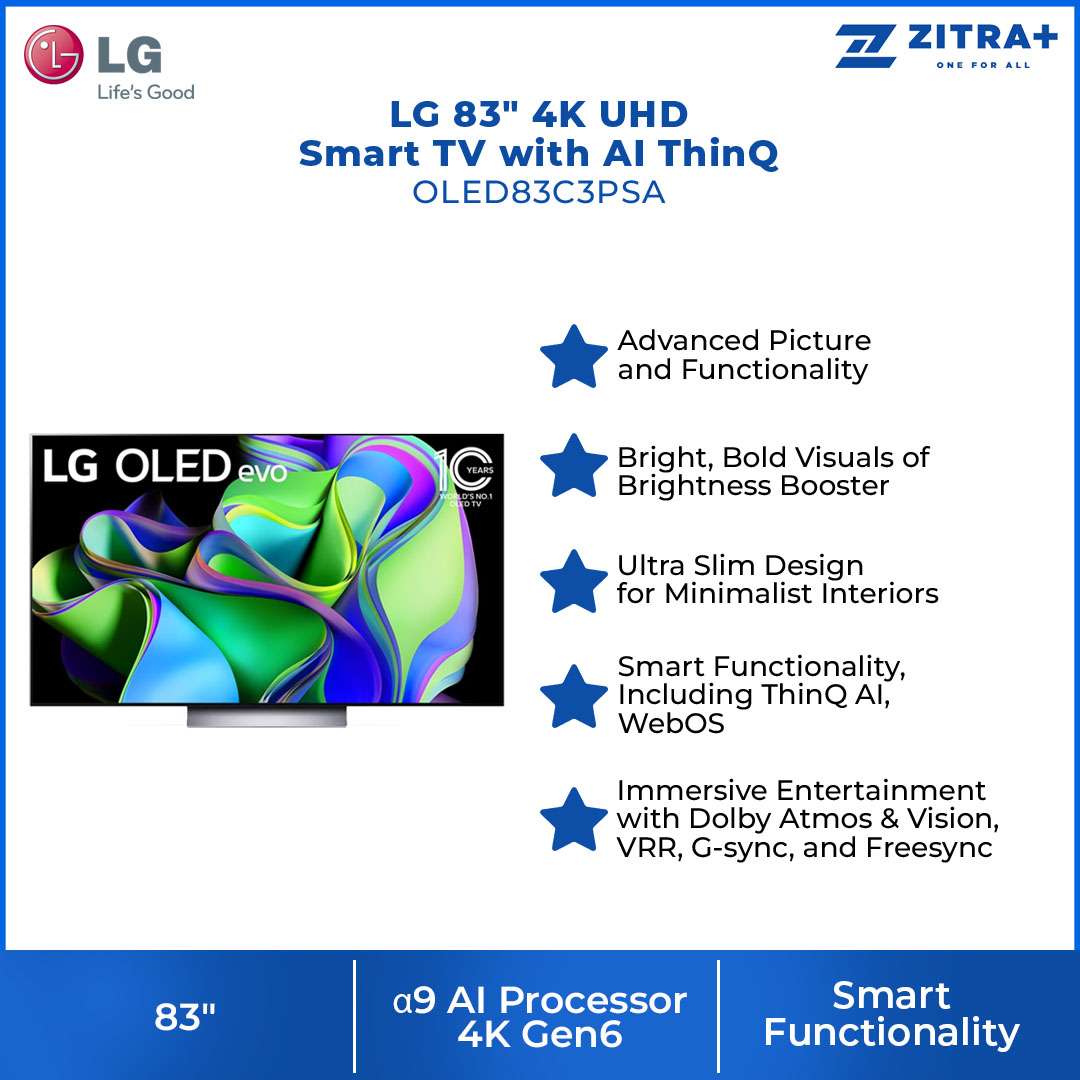 LG 83" 4K UHD Smart TV with AI ThinQ  OLED83C3PSA | α9 AI Processor 4K Gen6 | Bright, Bold Visuals of Brightness Booster | Ultra Slim Design for Minimalist Interiors | Hands-Free Voice Recognition | Smart TV with 2 Year Warranty