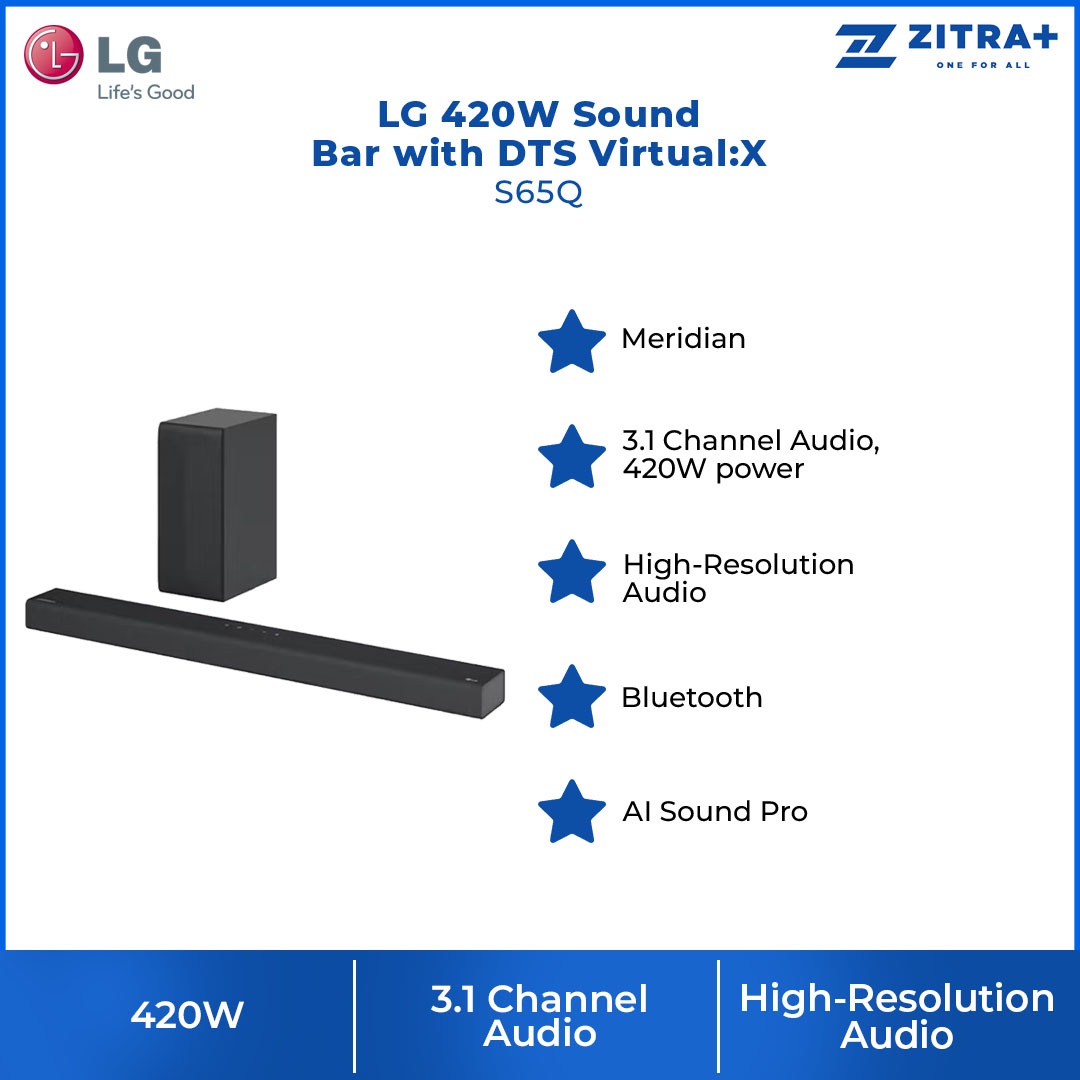 LG 420W Sound Bar with DTS Virtual:X S65Q | AI Sound Pro | Meridian | 3.1 Channel Audio | Sound Bar with 1 Year Warranty