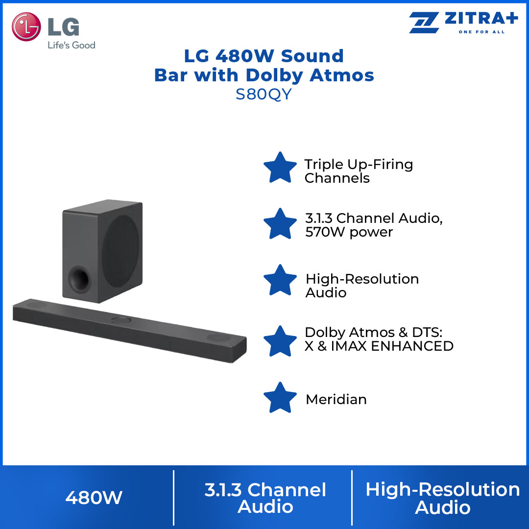 LG 480W Sound Bar with Dolby Atmos S80QY | AI Room Calibration | AI Sound Pro | Meridian | Sound Bar with 1 Year Warranty