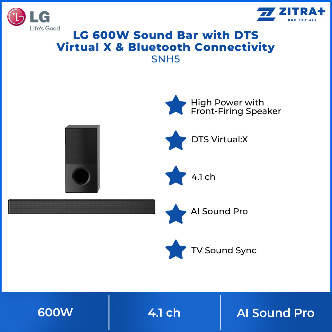 LG 600W Sound Bar with DTS Virtual X & Bluetooth Connectivity SNH5 | AI Sound Pro | TV Sound Sync | 4.1 ch | Sound Bar with 1 Year Warranty