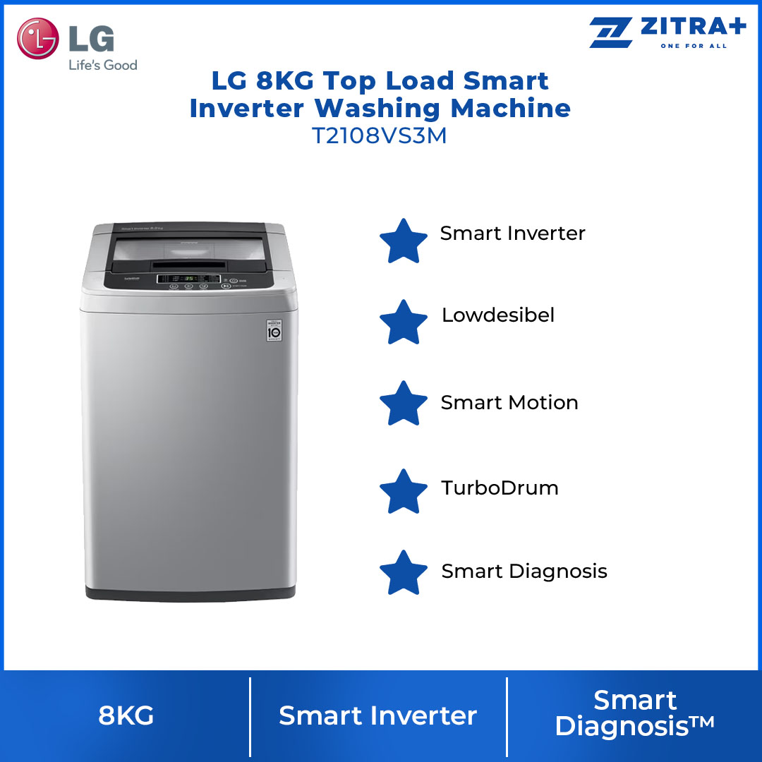LG 8KG Top Load Smart Inverter Washing Machine T2108VS3M | Smart Motion | TurboDrum | Smart Diagnosis™ | Washing Machine with 1 Year Warranty