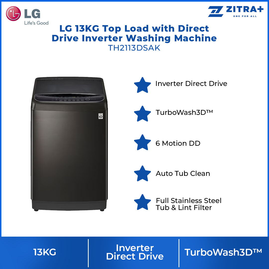 LG 13KG Top Load with Direct Drive Inverter Washing Machine TH2113DSAK | TurboWash3D™ | 6 Motion DD | Auto Tub Clean | Washing Machine with 1 Year Warranty