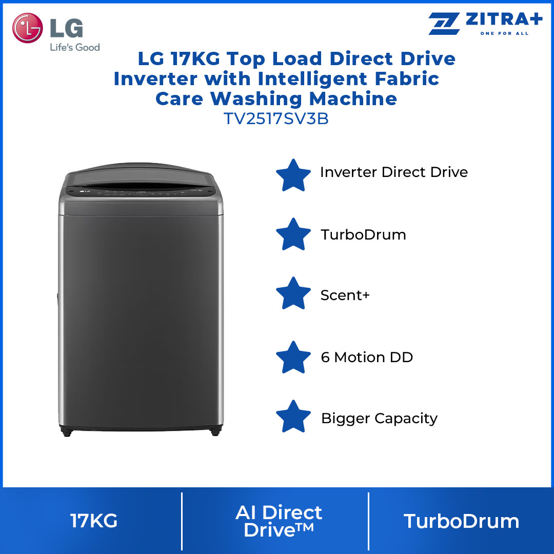 LG 17KG Top Load Direct Drive Inverter with Intelligent Fabric Care Washing Machine TV2517SV3B | 6 Motion DD | Bigger Capacity | Intelligent Fabric Care | Washing Machine with 1 Year Warranty