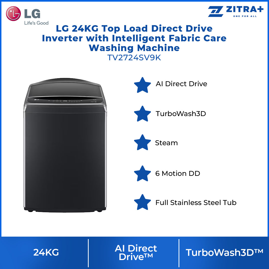 LG 24KG Top Load Direct Drive Inverter with Intelligent Fabric Care Washing Machine TV2724SV9K | TurboWash3D™ | Steam™ | ThinQ™ | Washing Machine with 1 Year Warranty