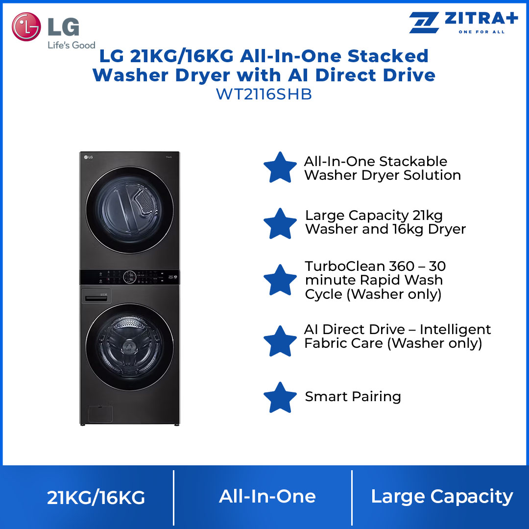 LG 21KG/16KG All-In-One Stacked Washer Dryer with AI Direct Drive WT2116SHB | Heat Pump Dryer | Smart Pairing | Safety Lock | Washer Dryer with 1 Year Warranty