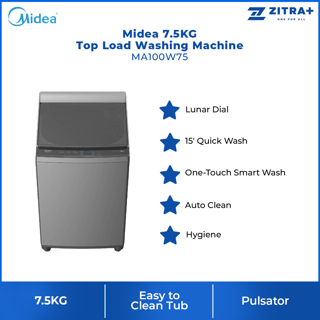 Midea 7.5KG Top Load Washing Machine MA100W75 | Lunar Dial | 15' Quick Wash | One-Touch Smart Wash | Auto Clean | Hygiene | Lint Filter | Washing Machine with 2 Year Warranty