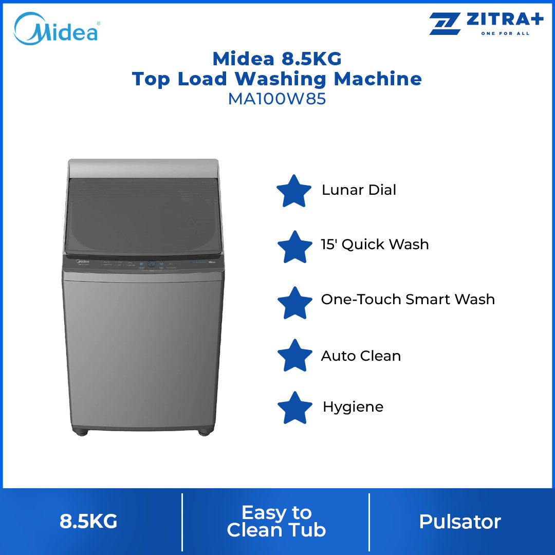Midea 8.5KG Top Load Washing Machine  MA100W85 | Lunar Dial | Pulsator | 15' Quick Wash | One-Touch Smart Wash | Auto Clean | Lint Filter | Hygiene | Washing Machine with 2 Year Warranty