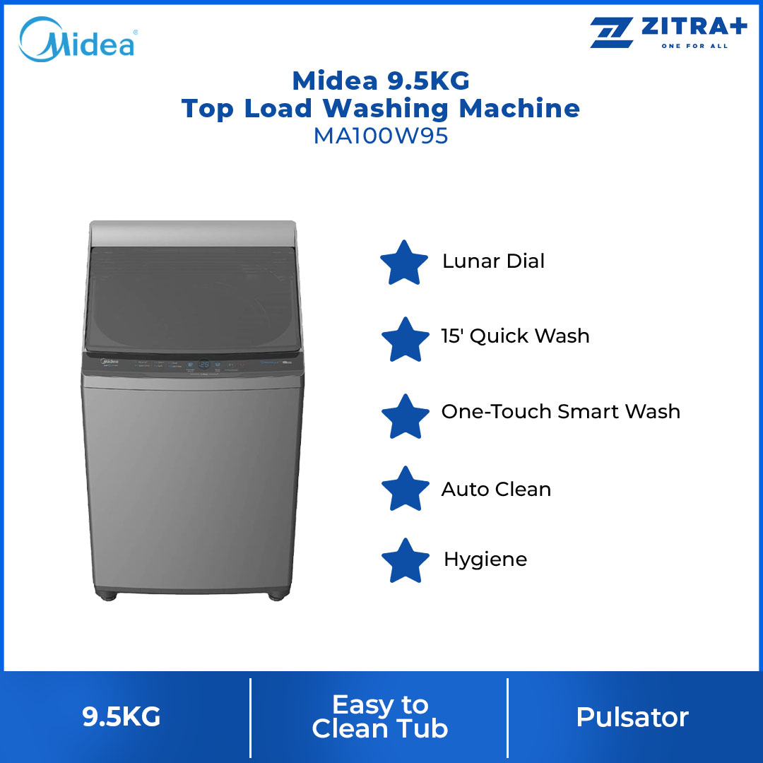 Midea 9.5KG Top Load Washing Machine  MA100W95 | 5' Quick Wash | One-Touch Smart Wash | Auto Clean | Water Cub Tub | Washing Machine with 2 Year Warranty