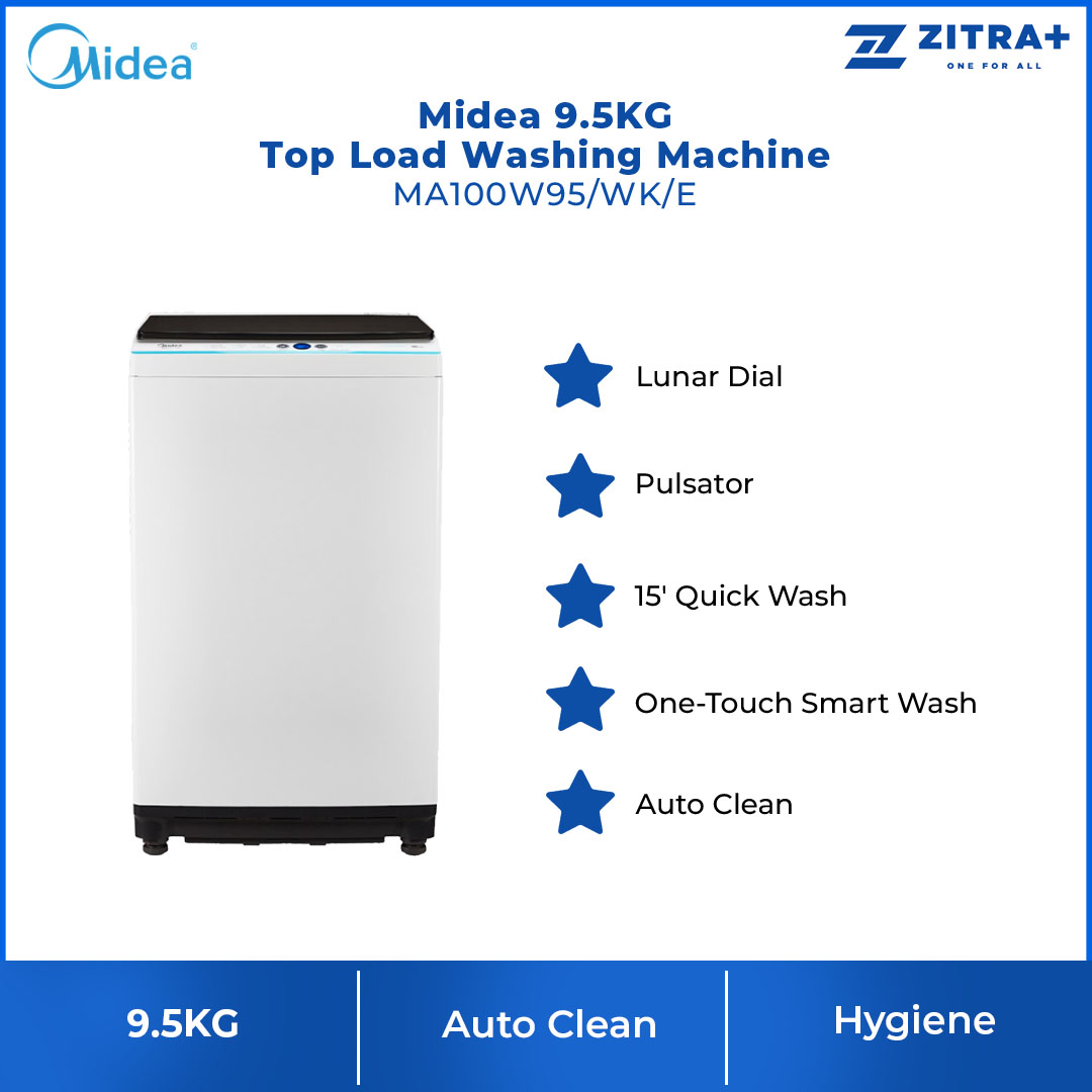 Midea 9.5KG Top Load Washing Machine MA100W95/WK/E | Lunar Dial | Pulsator | 15' Quick Wash | One-Touch Smart Wash | Auto Clean | Easy-To-Clean Metal Lint Filter | Water Cub Tub | Washing Machine with 2 Year Warranty