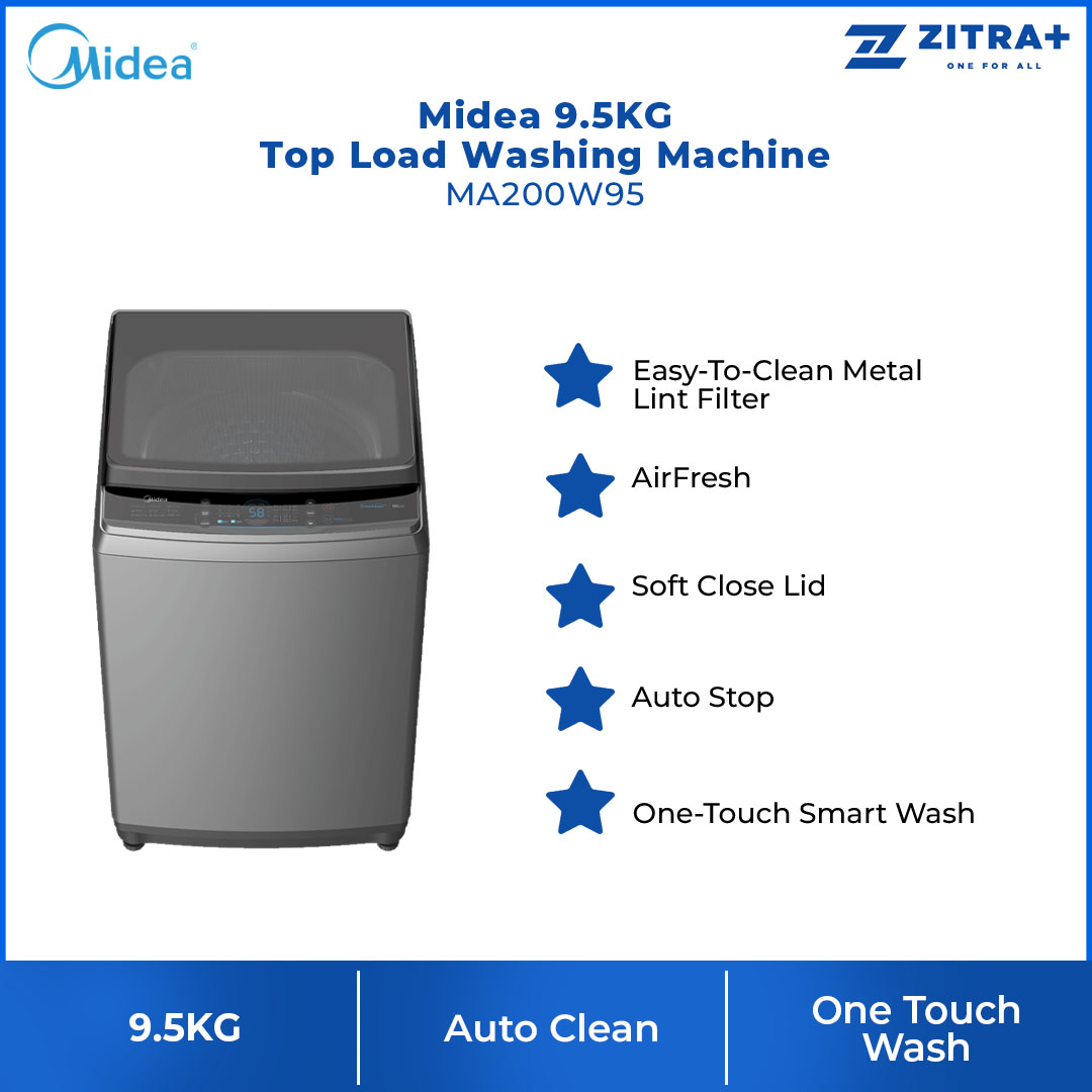 Midea 9.5KG Top Load Washing Machine MA200W95 | AirFresh | Soft Close Lid | Auto Stop | One-Touch Smart Wash | Child Lock |  Auto Clean | Hygiene+ | Deep Clean | Turbo | Lunar Dial | Washing Machine with 2 Year Warranty