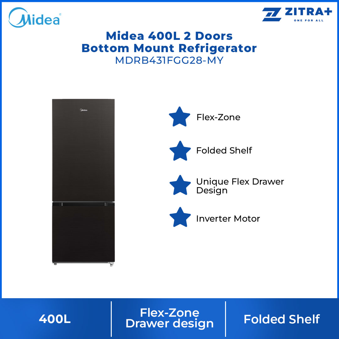 Midea 400L 2 Doors Bottom Mount Refrigerator MDRB431FGG28-MY | Flex-Zone Drawer Design | Folded Shelf | Refrigerators with 1 Year Warranty