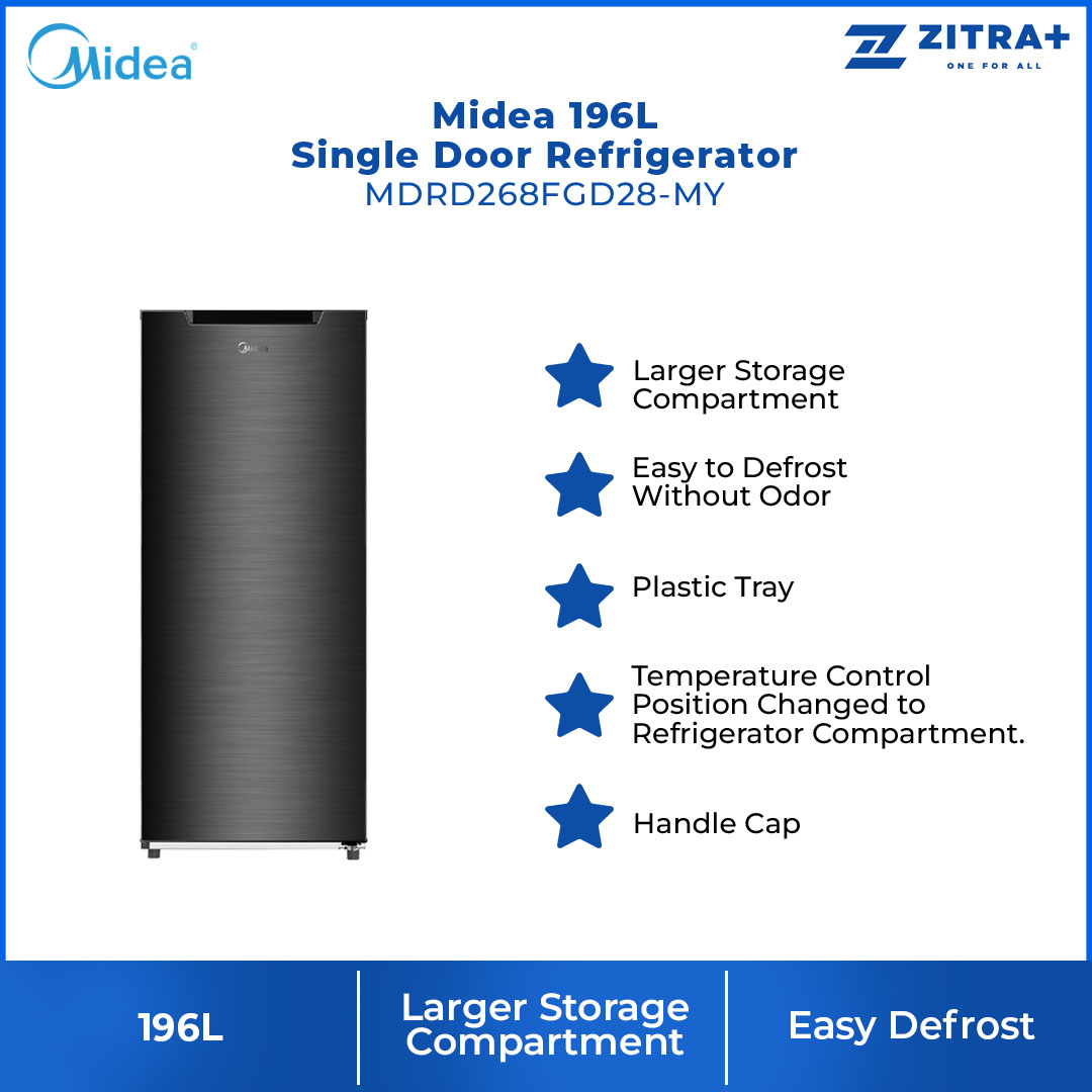 Midea 196L Single Door Refrigerator MDRD268FGD28-MY | Larger Storage Compartment | Easy to Defrost without Oddor | Plastic Tray | Handle Cap | Temperature Control Position | Handle Cap | Freezer Compartment | Refrigerator with 1 Year Warranty