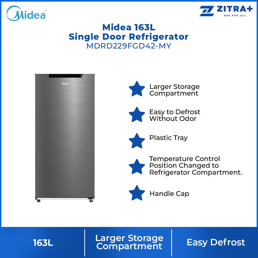 Midea 163L Single Door Refrigerator MDRD229FGD42-MY |  Larger Storage Compartment | Easy to Defrost without Oddor | Plastic Tray | Handle Cap | Temperature Control Position | Handle Cap | Freezer Compartment | Refrigerator with 1 Year Warranty