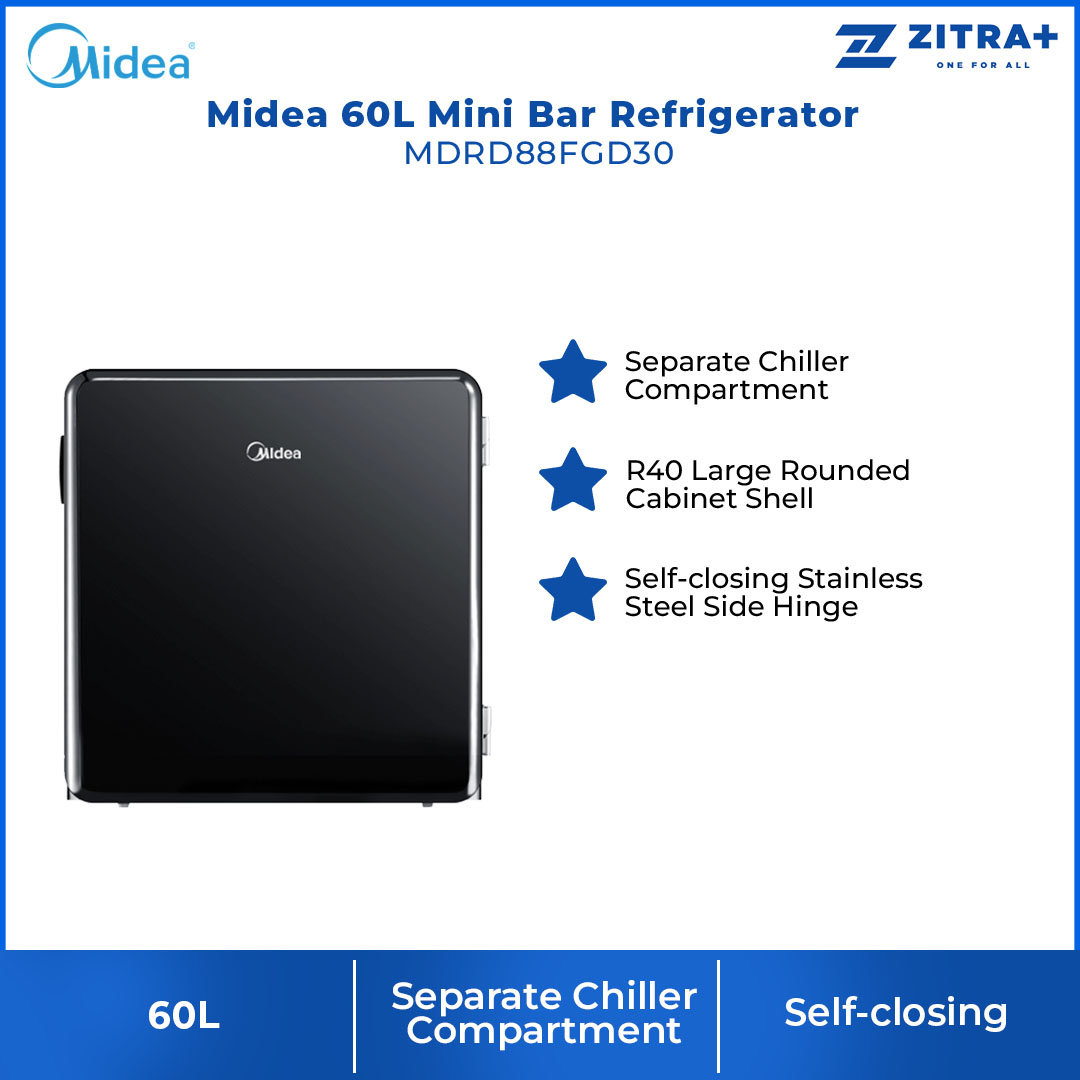 Midea 60L Mini Bar Refrigerator  MDRD88FGD30 |  Separate Chiller Compartment | R40 Large Rounded Cabinet Shell | Self-Closing Stainless Steel Side Singe | Refrigerator with 1 Year Warranty
