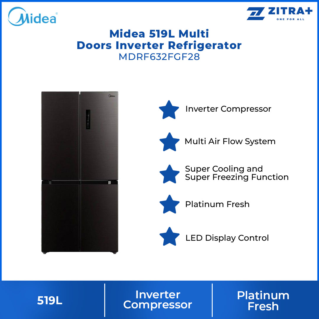 Midea 519L Multi Doors Inverter Refrigerator MDRF632FGF28 | Inverter Compressor | Multi Air Flow System | Platinum Fresh | LED Display Control | Interior LED Light | Refrigerators with 1 Year Warranty
