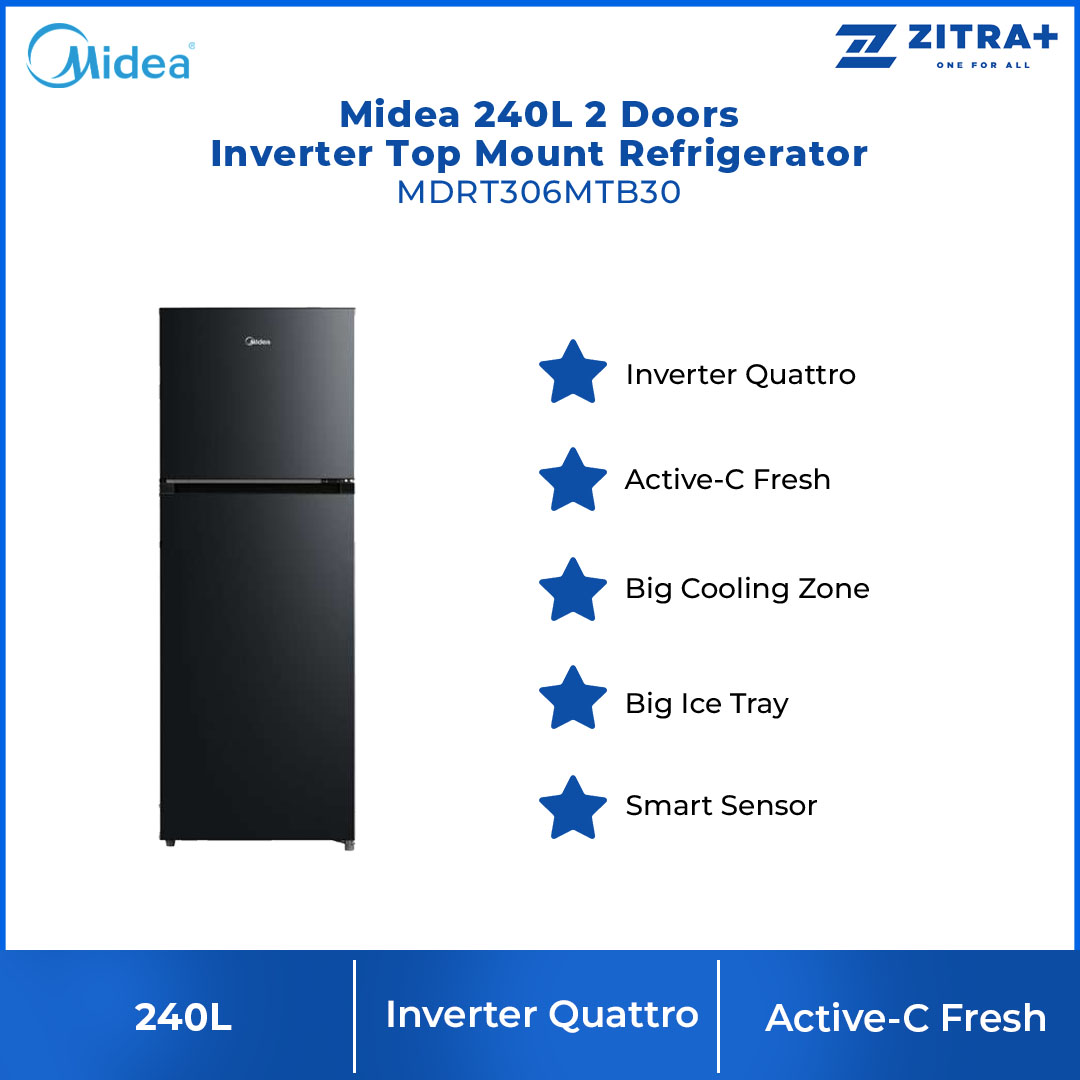 Midea 240L 2 Doors Inverter Top Mount Refrigerator  MDRT306MTB30 | Inverter Quattro | Active-C Fresh | Big Cooling Zone | Big Ice Tray | Smart Sensor | Electronic Control | Highlight LED | Refrigerator with 1 Year Warranty