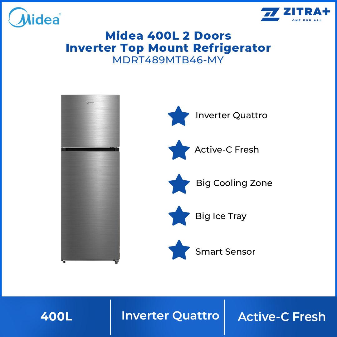 Midea 400L 2 Doors Inverter Top Mount Refrigerator  MDRT489MTB46-MY | Inverter Quattro | Active-C Fresh | Big Cooling Zone | Big Ice Tray | Smart Sensor | Electronic Control | Special Egg Tray | Highlight LED | Refrigerator with 1 Year Warranty