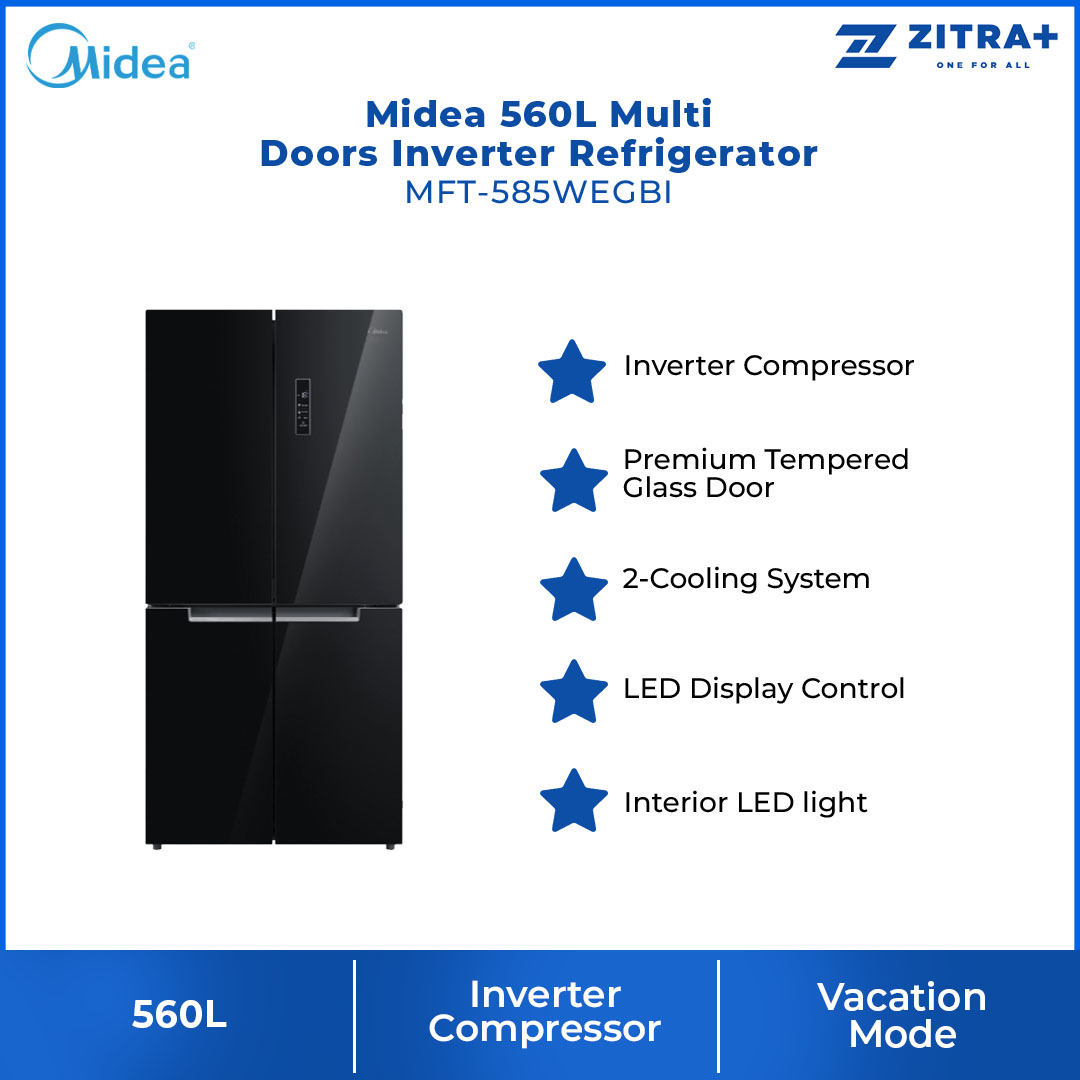 Midea 560L Multi Doors Inverter Refrigerator MFT-585WEGBI | Inverter Compressor | Premium Tempered Glass Door | 2-Cooling System | LED Display Control | Vacation Mode | Multi Air Flow System | Platinum Fresh | Refrigerators  with 1 Year Warranty