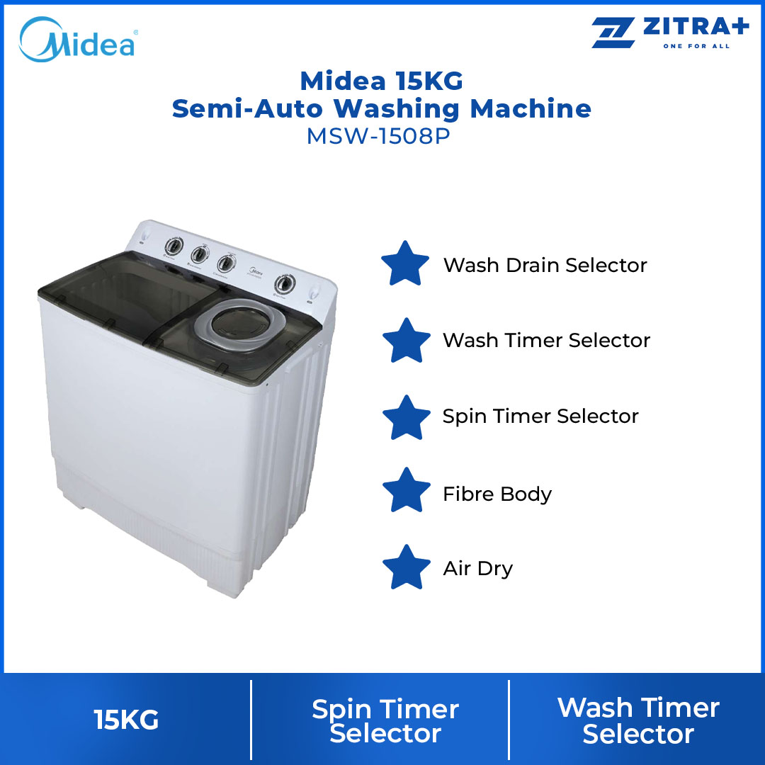 Midea 15KG Semi-Auto Washing Machine MSW-1508P | Wash Drain Selector | Wash Timer Selector | Spin Timer Selector | Fibre Body | Air Dry | Washing Machine with 1 Year Warranty