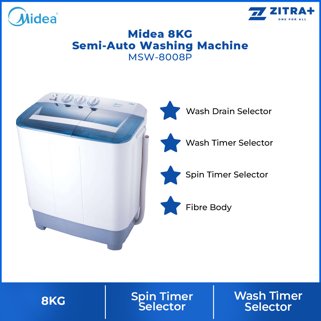 Midea 8KG Semi-Auto Washing Machine MSW-8008P |  Wash Drain Selector | Wash Timer Selector | Spin Timer Selector | Fibre Body | Washing Machine with 1 Year Warranty