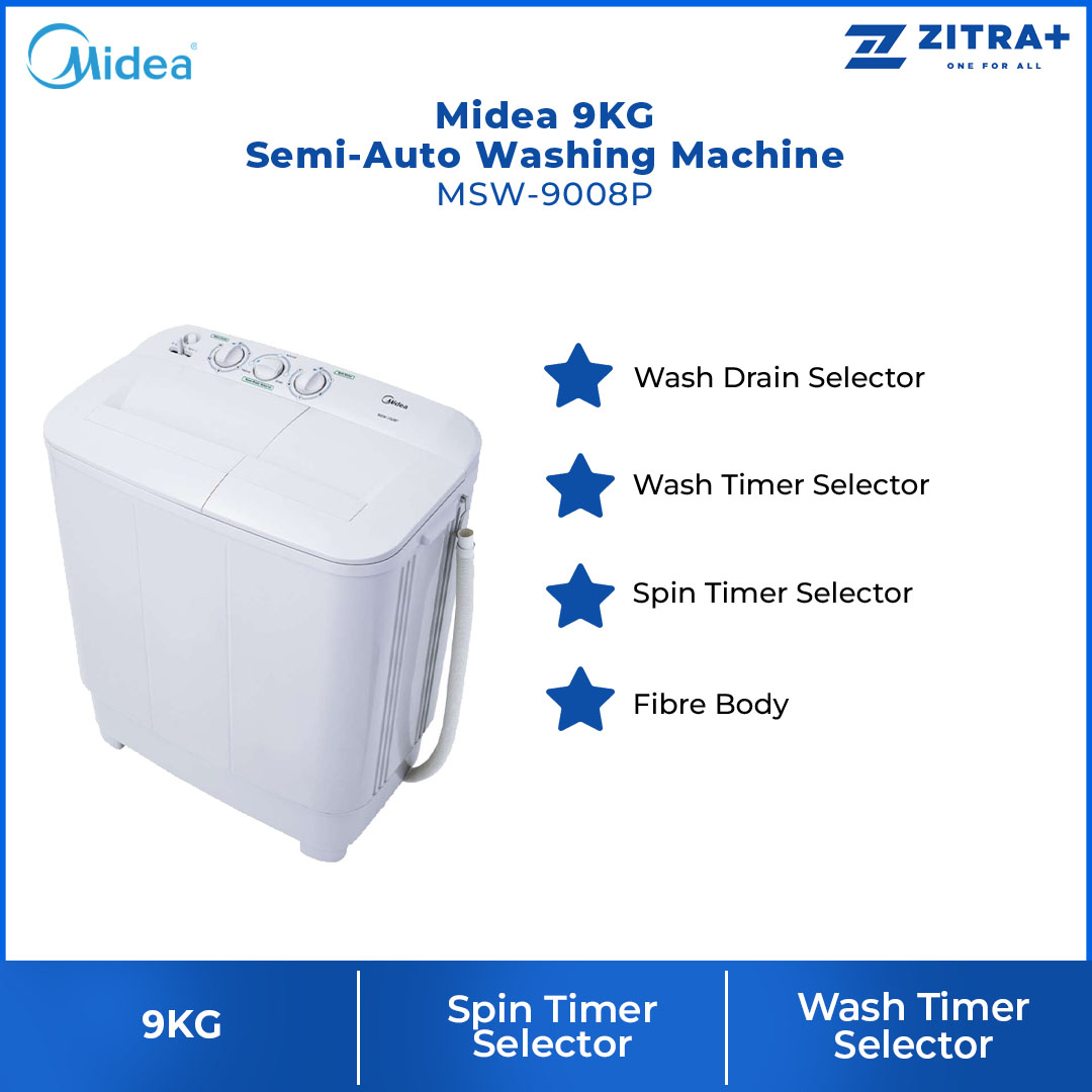Midea 9KG Semi-Auto Washing Machine  MSW-9008P | Wash Drain Selector | Wash Timer Selector | Spin Timer Selector | Fibre Body | Washing Machine with 1 Year Warranty