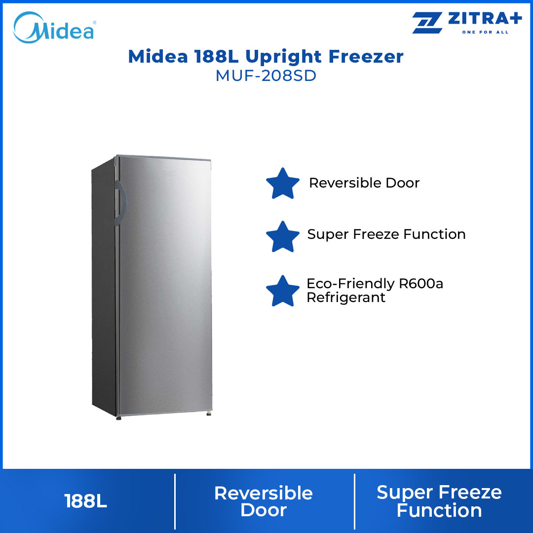 Midea 188L Upright Freezer MUF-208SD | Reversible Door | Super Freeze Function | Eco-Friendly R600a Refrigerant | Freezer with 1 Year Warranty