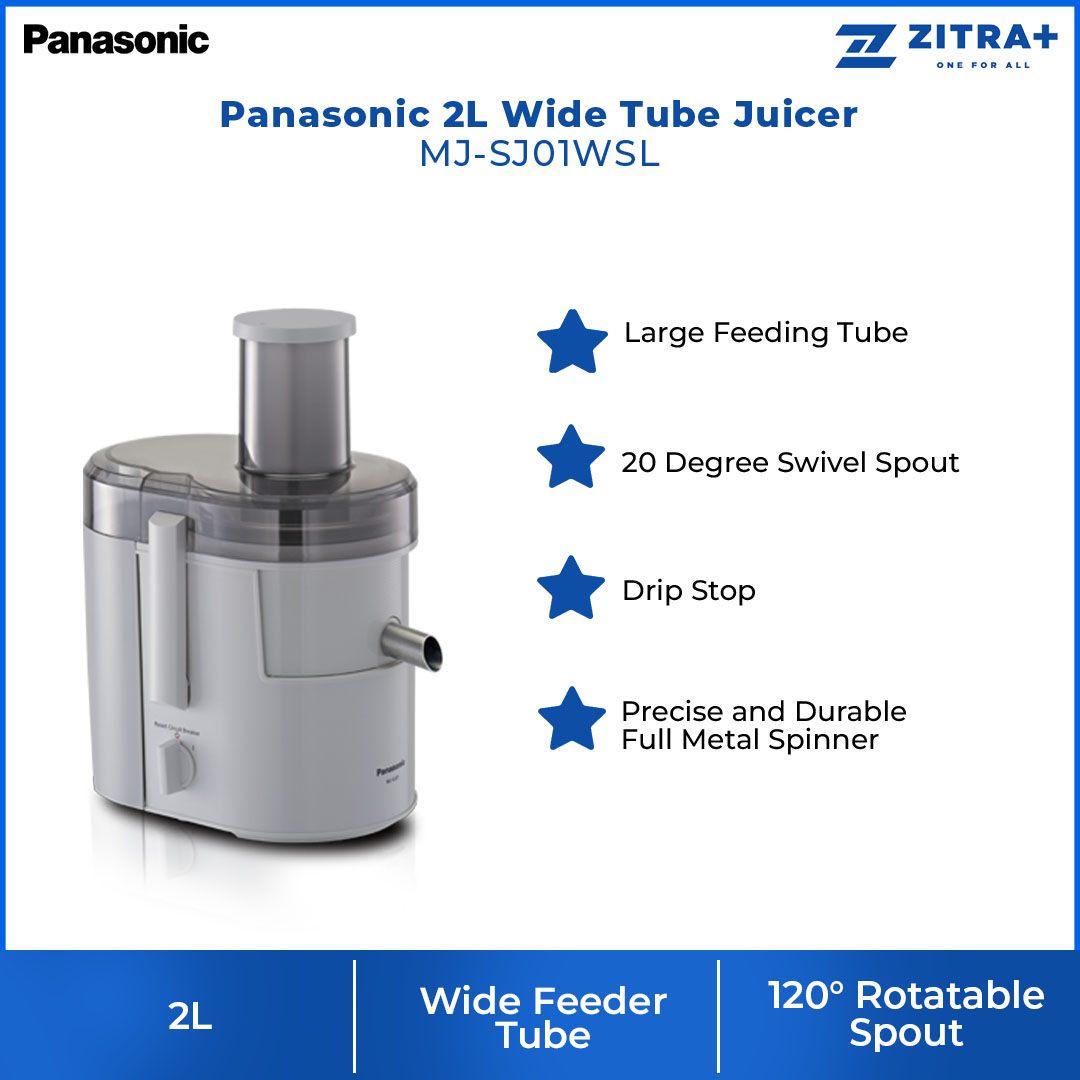 Panasonic 2L Wide Tube Juicer MJ-SJ01WSL | Spinner Material | 230W Power Consumption | Large Feeding Tube | Juice Extractor with 1 Year Warranty