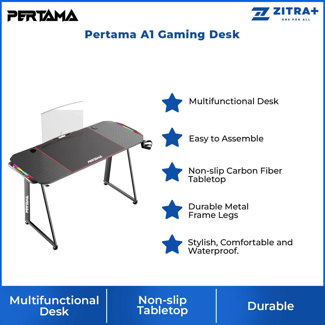 Pertama A1 Gaming Desk Gaming Table | Non-slip Carbon Fiber Tabletop | Dimension: 140 X 60 X 75 CM | With Headset Hook & Cup Holder | Gaming Table with 2 Years Warranty