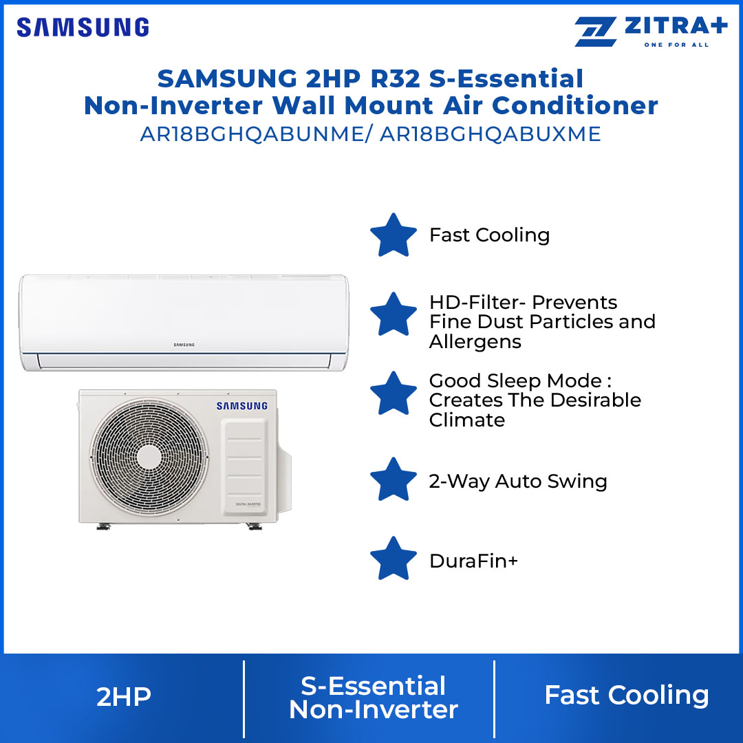 SAMSUNG 2HP R32 S-Essential Non-Inverter Wall Mount Air Conditioner AR18BGHQABUNME/AR18BGHQABUXME | Long-Lasting Cooling | HD Filter | Fast Cooling | DuraFin+ | R32 Refrigerant | Fan Mode | Air Conditioner with 1 Year Warranty
