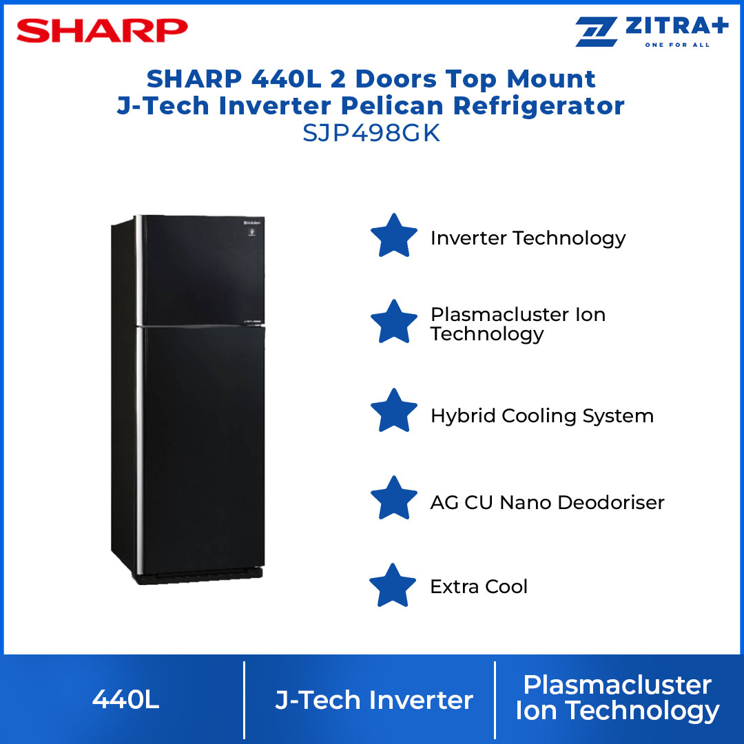 SHARP 440L 2 Doors Top Mount J-Tech Inverter Pelican Refrigerator SJP498GK |  J-Tech Inverter Technology | Internal Temperature Control | Extra Cool | Express Freezing | Child Lock | Door Alarm | Ice Maker | Refrigerator with 1 Year Warranty
