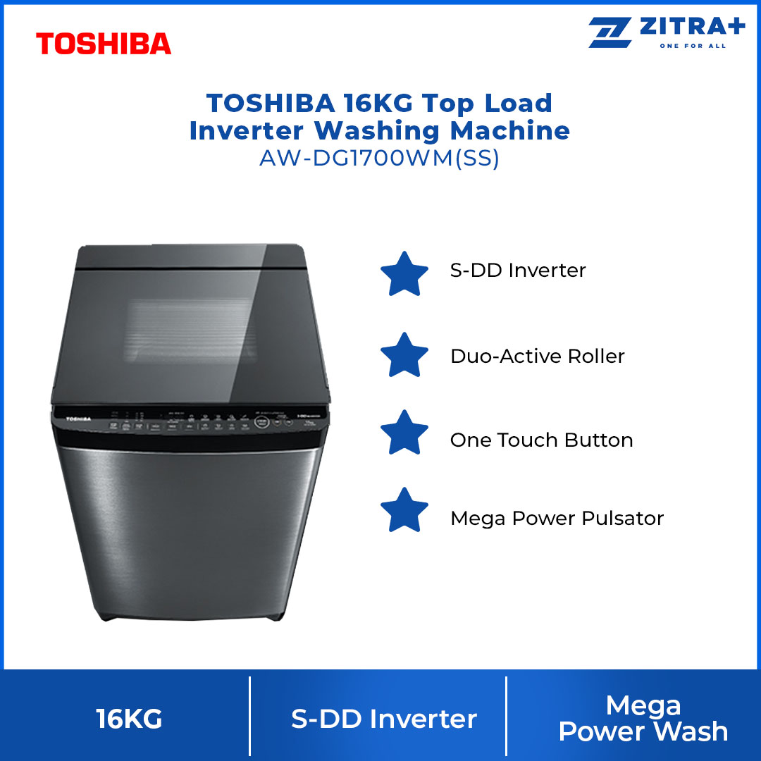 TOSHIBA 16KG Top Load Inverter Washing Machine AW-DG1700WM(SS) | S-DD Inverter | Duo-Active Roller | Washing Machine with 2 Year General & 13 Year Motor Warranty