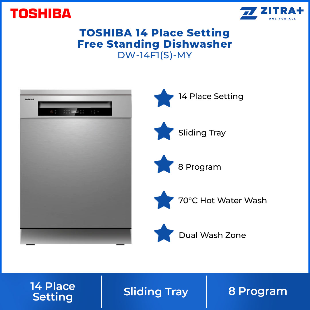 TOSHIBA 14 Place Setting Standing Dishwasher DW-14F1(S)-MY | High-Standard Hygiene | Personalize Uncleaned Dishware | Off-Peak Wash | Soil-Sensing Auto Cycle | Daily Auto | Half Load | LED Display Panel | Standing Dishwasher with 1 Year Warranty