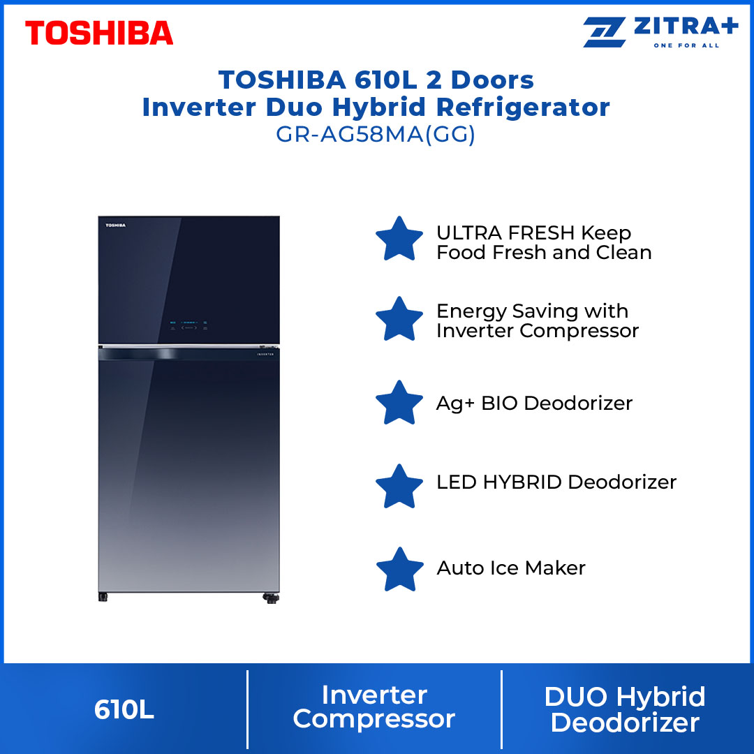 TOSHIBA 610L 2 Doors Inverter Duo Hybrid Refrigerator Gradient GR-AG58MA(GG) | Energy Saving with Inverter Compressor | Ag+ BIO Deodorizer | LED HYBRID Deodorizer | Auto Ice Maker | ECO Mode | Refrigerator with 1 Year Warranty