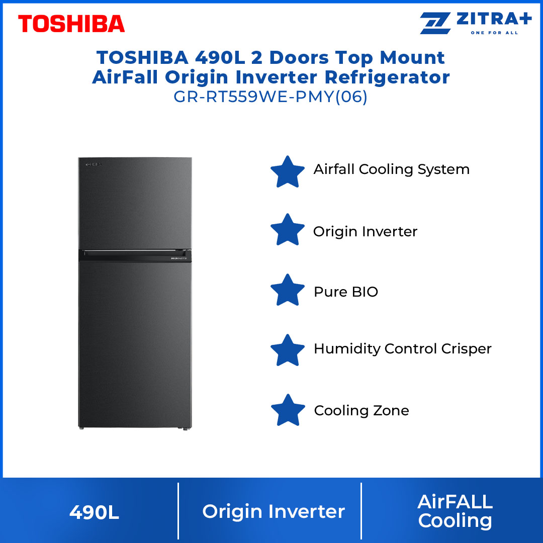 Toshiba 490L 2 Doors Top Mount AirFall Origin Inverter Refrigerator GR-RT559WE-PMY(06) | Pure Bio | Humidity Control | Electric Control | Cooling Zone | Origin Inverter | AirFALL Cooling | Refrigerator with 1 Year Warranty