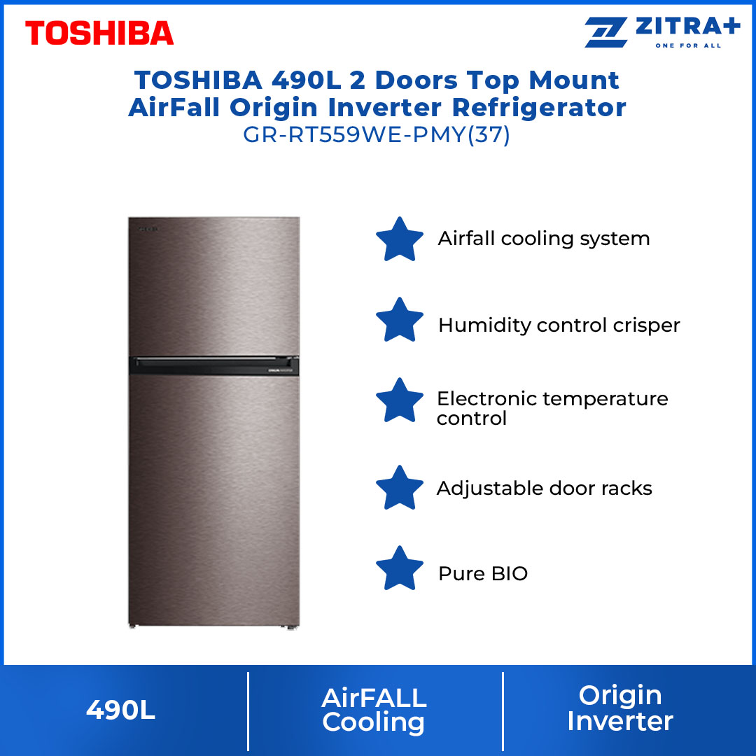 TOSHIBA 490L 2 Doors Inverter Refrigerator GR-RT559WE-PMY(37) | Airfall Cooling |  Origin Inverter |  Humidity Control | Refrigerator with 1 Year General and 12 Year Compressor Warranty