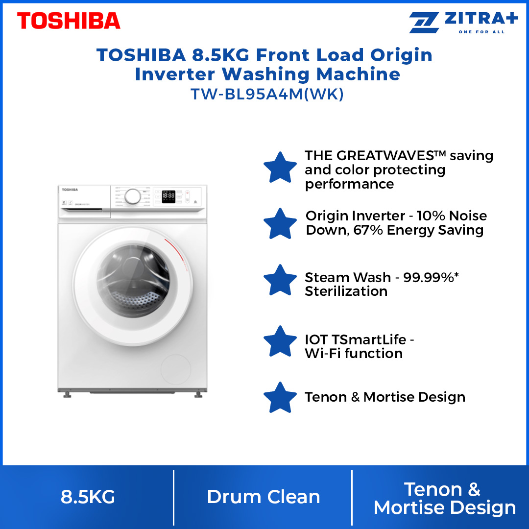TOSHIBA 8.5KG Front Load Inverter Washing Machine TW-BL95A4M(WK) | Ultra Fine Bubble | Origin Inverter | Steam Wash | Drum Clean | IOT TSmartLife | Add Garment | Washing Machine with 2 Year General Warranty & 2 Year Panel Warranty & 10 Year Motor Warranty