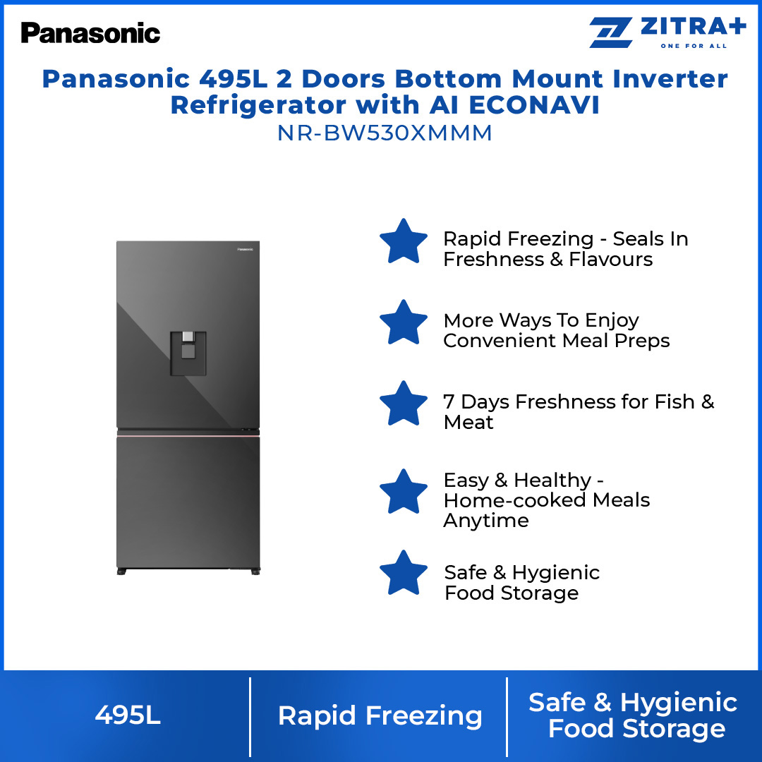 Panasonic 495L 2 Doors Bottom Mount Inverter Refrigerator with AI ECONAVI NR-BW530XMMM | Rapid Freezing | 7 Days Freshness for Fish & Meat | Easy&Healthy - Home-cooked Meals Anytime | Safe&Hygienic Food Storage | Refrigerator With 1 Year Warranty
