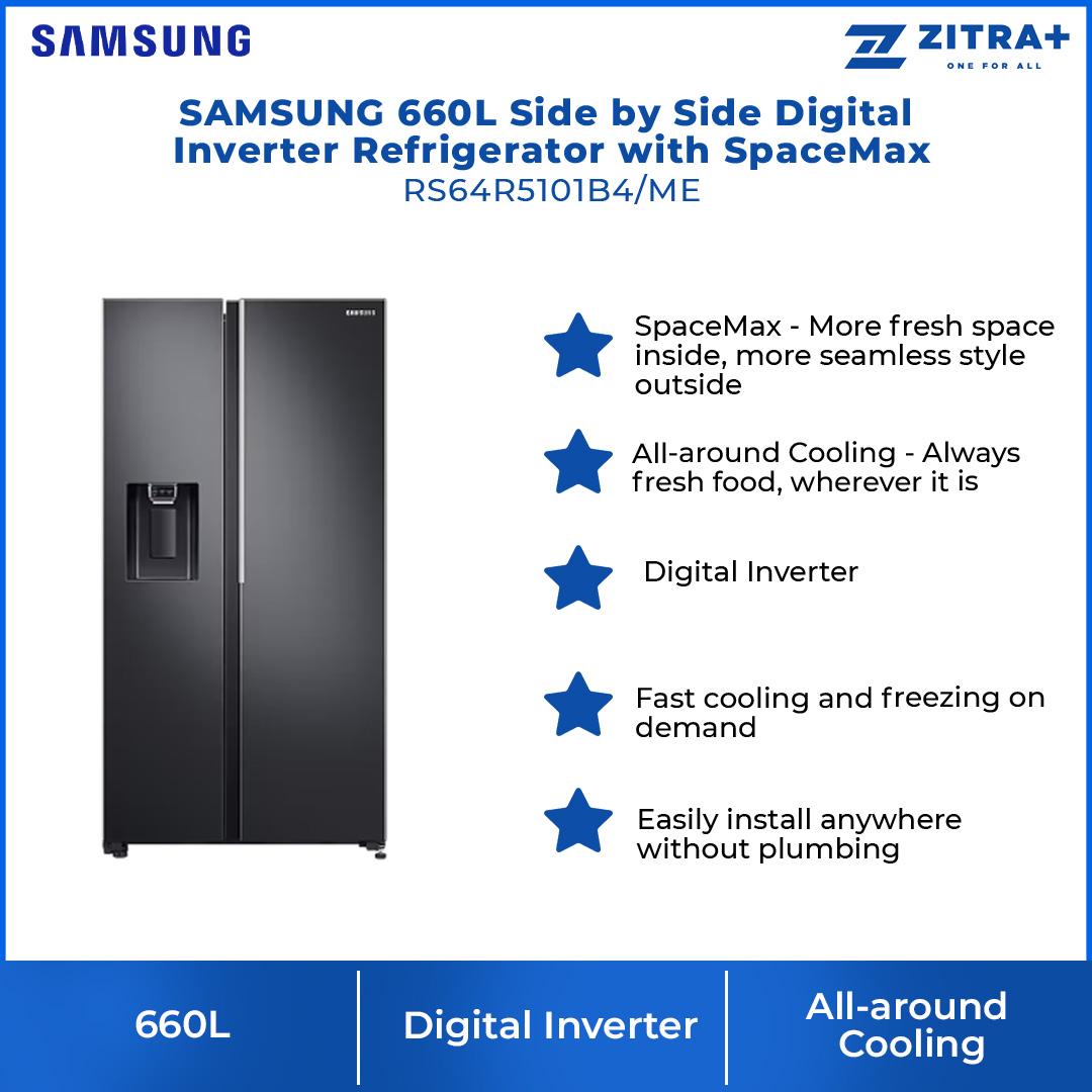 SAMSUNG 660L Side by Side Digital Inverter Refrigerator with SpaceMax RS64R5101B4/ME | Power Cool | Power Freeze | Auto Ice Maker | Deodorizing Filter | Refrigerator with 1 Year Warranty