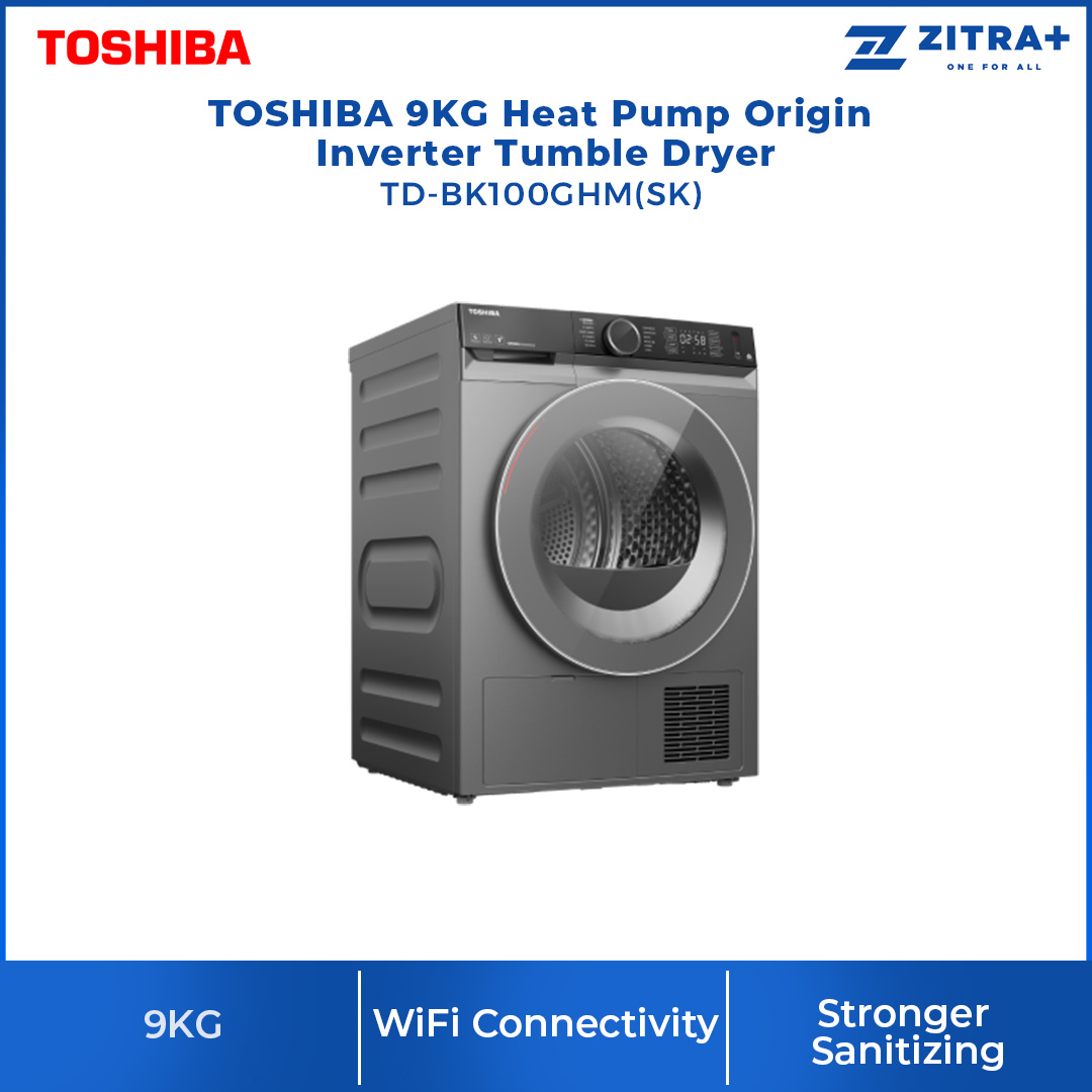 Toshiba 9KG Heat Pump Inverter Tumble Dryer TD-BK100GHM(SK) | Heat Pump | Smart Control | Drying Cycle Auto Set | Sensedry | Hygiene | UV Sanitize | Anti-Crease | Stack | Tumbler Dryer 1 Year General & 10 Year Motor Warranty