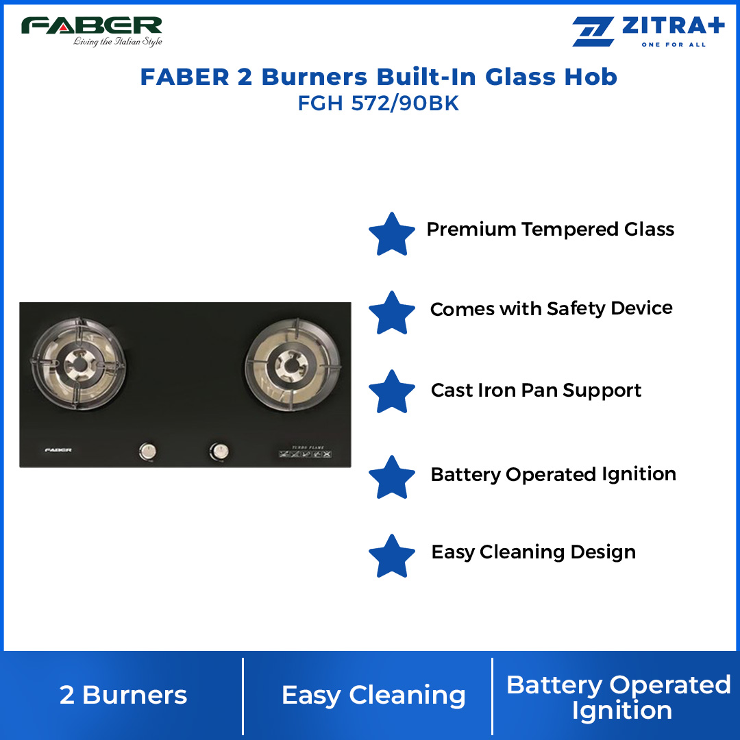FABER 2 Burners Built-In Glass Hob FGH 572/90BK  | Premium Tempered Glass | Battery Operated Ignition | Easy Cleaning Design | Safety Device | 2 Burners with 1 Year Warranty