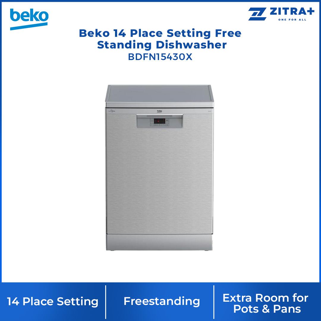 Beko 14 Place Setting Free Standing Dishwasher BDFN15430X | LED Display | Flexible Half-Load | Self Dry | Water Safe | Freestanding | Dishwasher with 2 Year Warranty