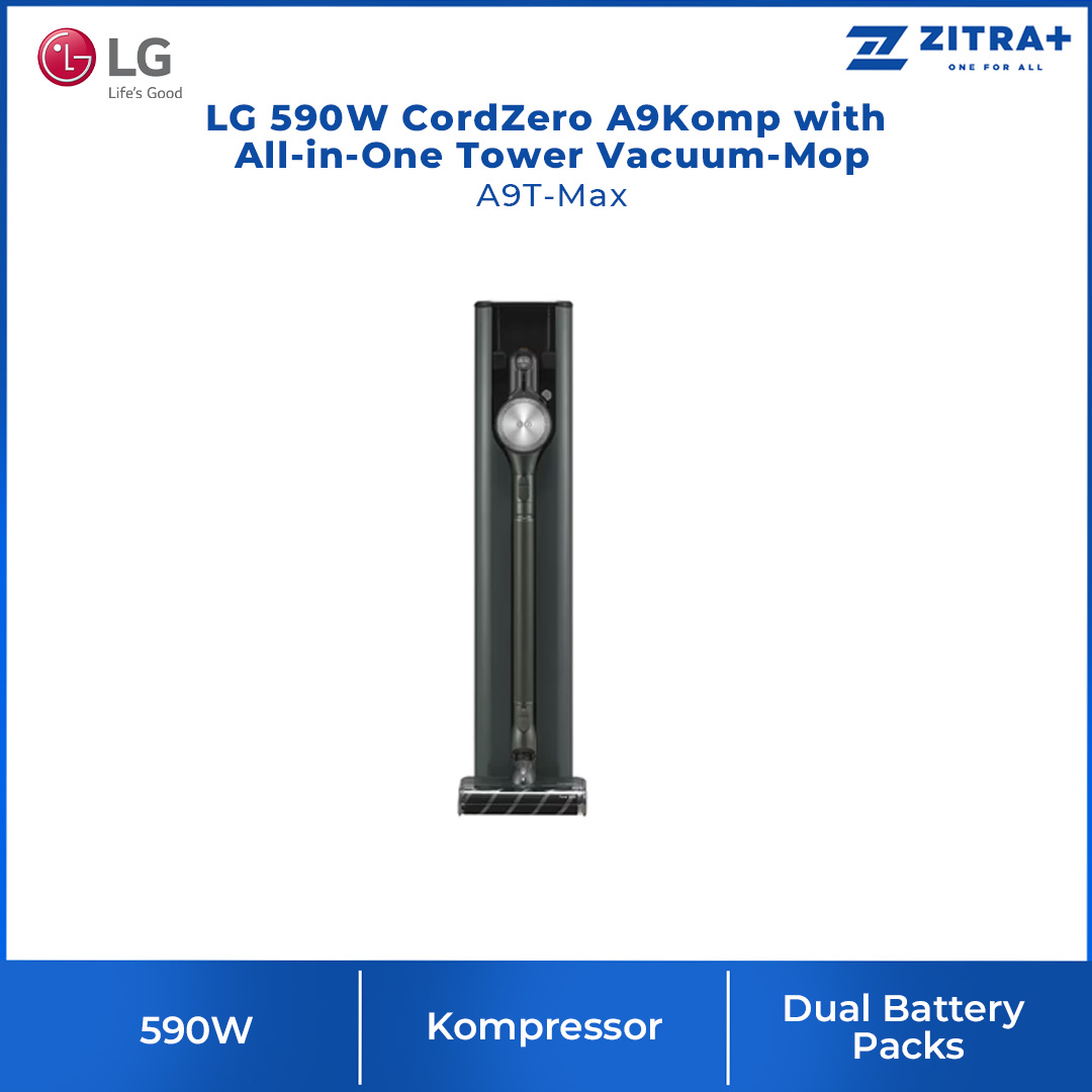 LG 590W CordZero A9Komp with All-in-One Tower Vacuum-Mop A9T-Max | Smart Inverter Motor | 5 step Filtration | Dual Battery Packs | Stick Vacuum with 2 Year Warranty