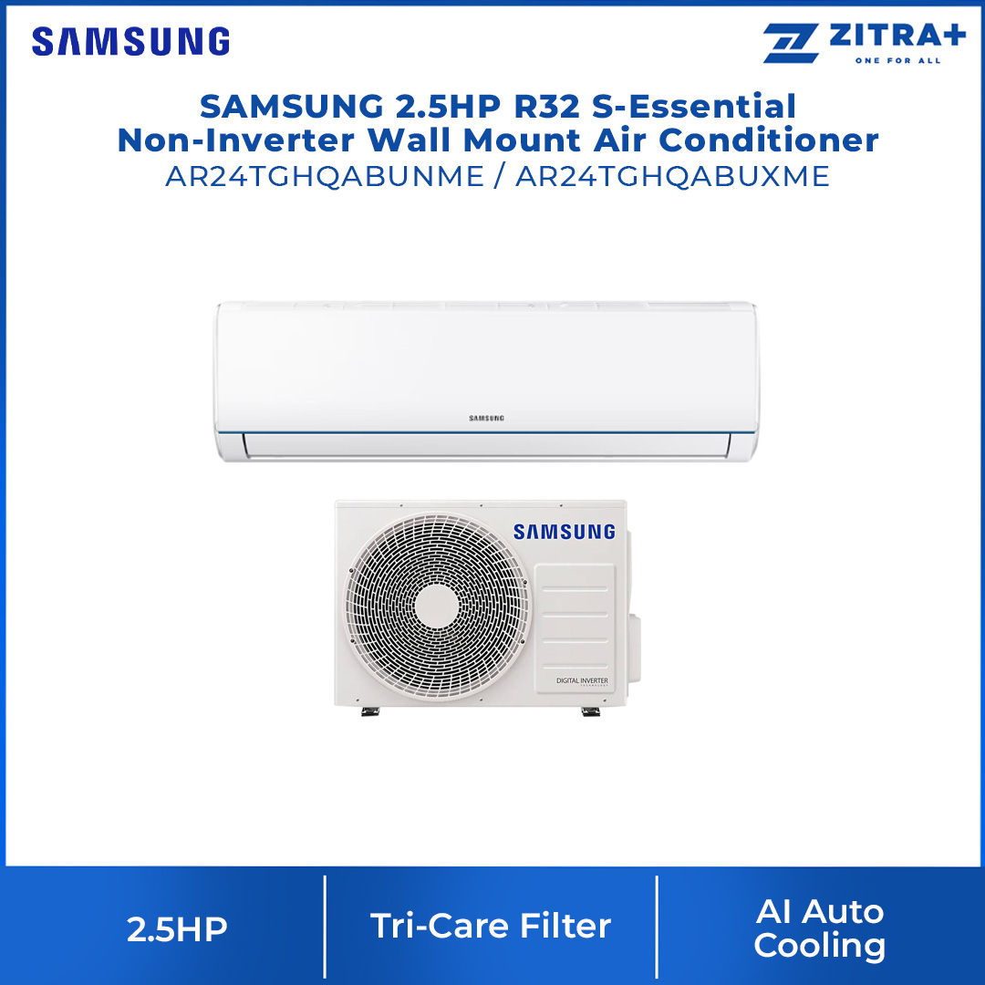 SAMSUNG 2.5HP R32 S-Essential Non-Inverter Wall Mount Air Conditioner AR24TGHQABUNME/AR24TGHQABUXME | S-Essential | HD Filter | Fast Cooling | DuraFin+ | Energy Saving | Auto Swing | Air Conditioner with 1 Year Warranty