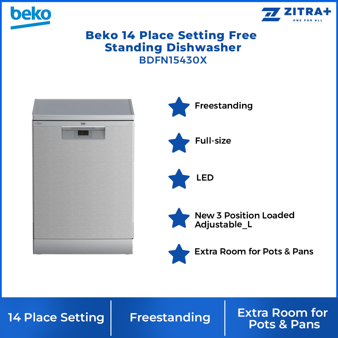 Beko 14 Place Setting Free Standing Dishwasher BDFN15430X | LED Display | Flexible Half-Load | Self Dry | Water Safe | Freestanding | Dishwasher with 2 Year Warranty