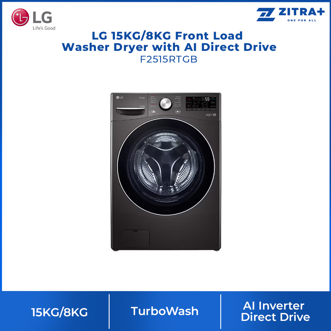 LG 15KG/8KG Front Load Washer Dryer with AI Direct Drive F2515RTGB | TurboWash™ | Steam™ | ThinQ™ | Washer Dryer with 1 Year Warranty