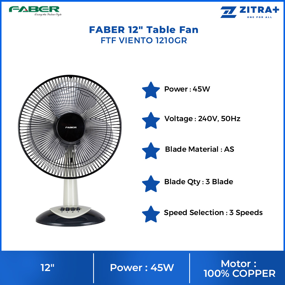 FABER 12" Table Fan FTF VIENTO 1210GR | 3 Blades | 3 Speed Selection | 1250rpm Fan Speed | 52.5dB Noise Level | Table Fan with 1 Year Warranty