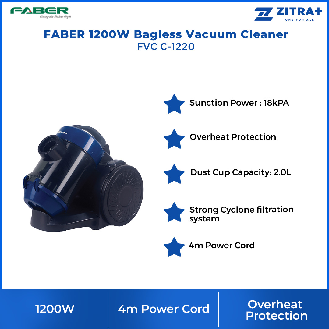 FABER 1200W Bagless Vacuum Cleaner FVC C-1220 | Suction Power : 18kPA | 2.0L Dust Cup Capacity | Overheat Protection | Strong Cyclone Filtration System | Vacuum Cleaner with 1 Year Warranty
