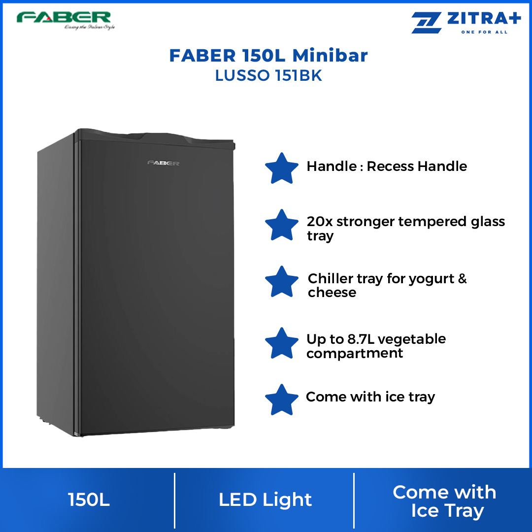 FABER 150L Minibar LUSSO 151BK | 20x Stronger Tempered Glass Tray | Refrigerant R600a | Fridge with 1 Year Warranty & Compressor with 10 Years Warranty