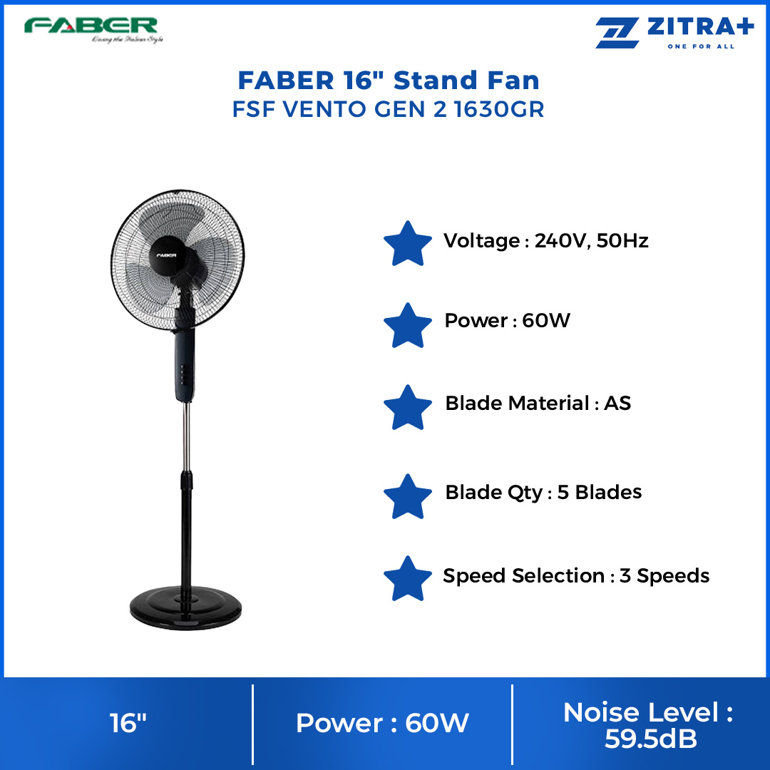 FABER 16" Stand Fan FSF VENTO GEN 2 1630GR | 5 Star Rating | 3 Speed Selection | Thermal Safety Fuse | 100% Copper Motor | 60 Minutes Timer | 5 Blades | Stand Fan with 1 Year Warranty